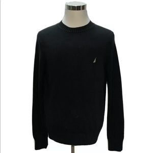 Nautica Mens Knit Crew Neck Sweater Size M Solid Black Pullover 100% Cotton